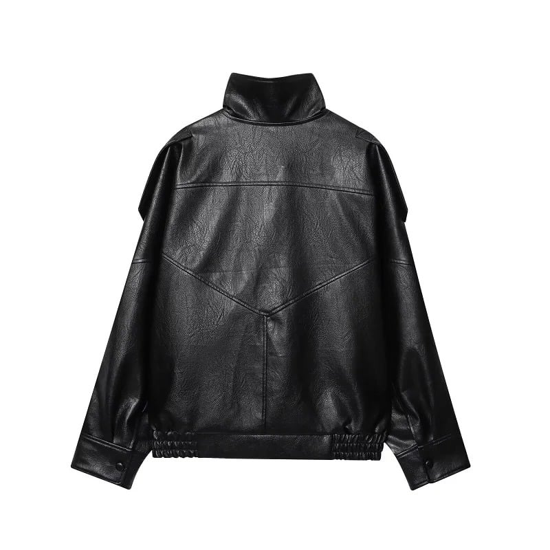 Veste Bomber en Cuir à Col Montant