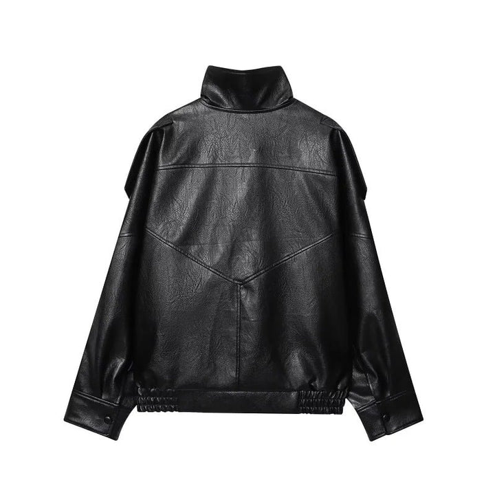 Veste Bomber en Cuir à Col Montant