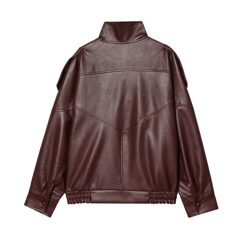 Veste Bomber en Cuir à Col Montant