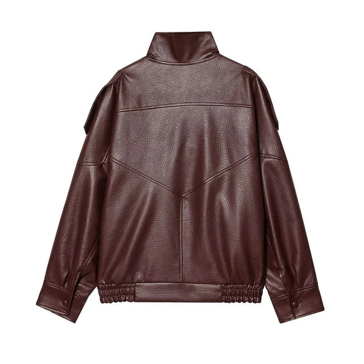 Veste Bomber en Cuir à Col Montant