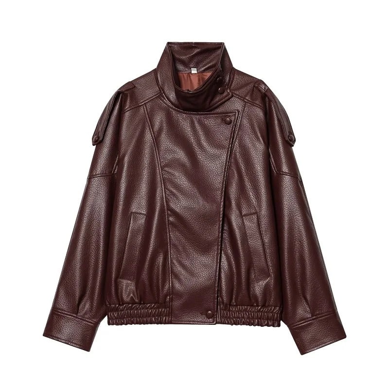 Veste Bomber en Cuir à Col Montant