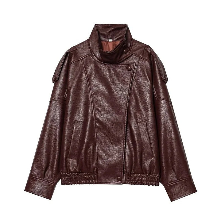 Veste Bomber en Cuir à Col Montant
