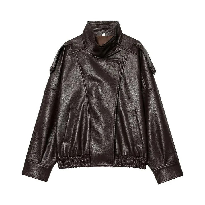 Veste Bomber en Cuir à Col Montant