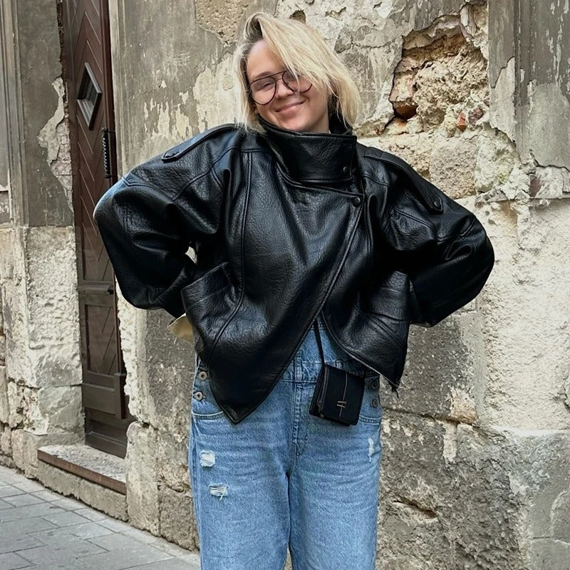 Veste Bomber en Cuir à Col Montant