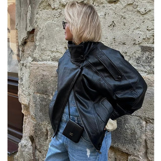 Veste Bomber en Cuir à Col Montant