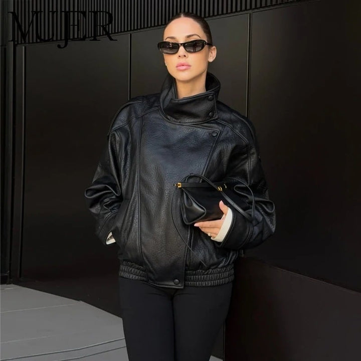 Veste Bomber en Cuir à Col Montant